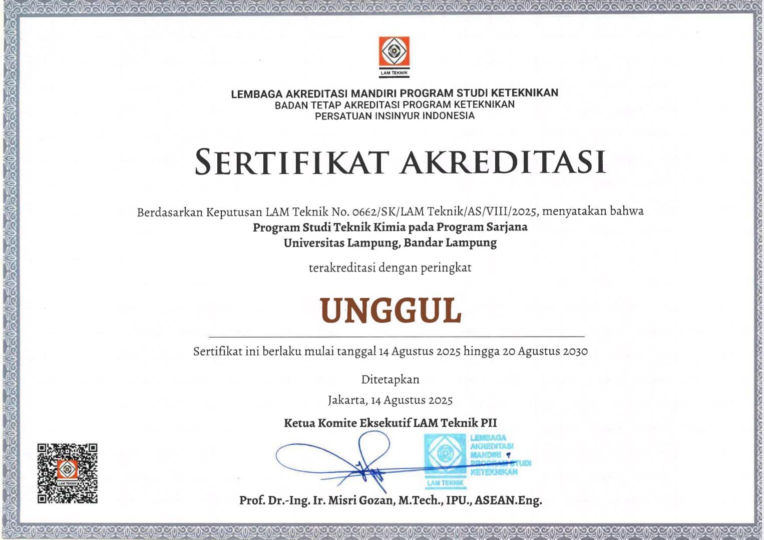 TEKNIK KIMIA UNILA MERAIH AKREDITASI UNGGUL